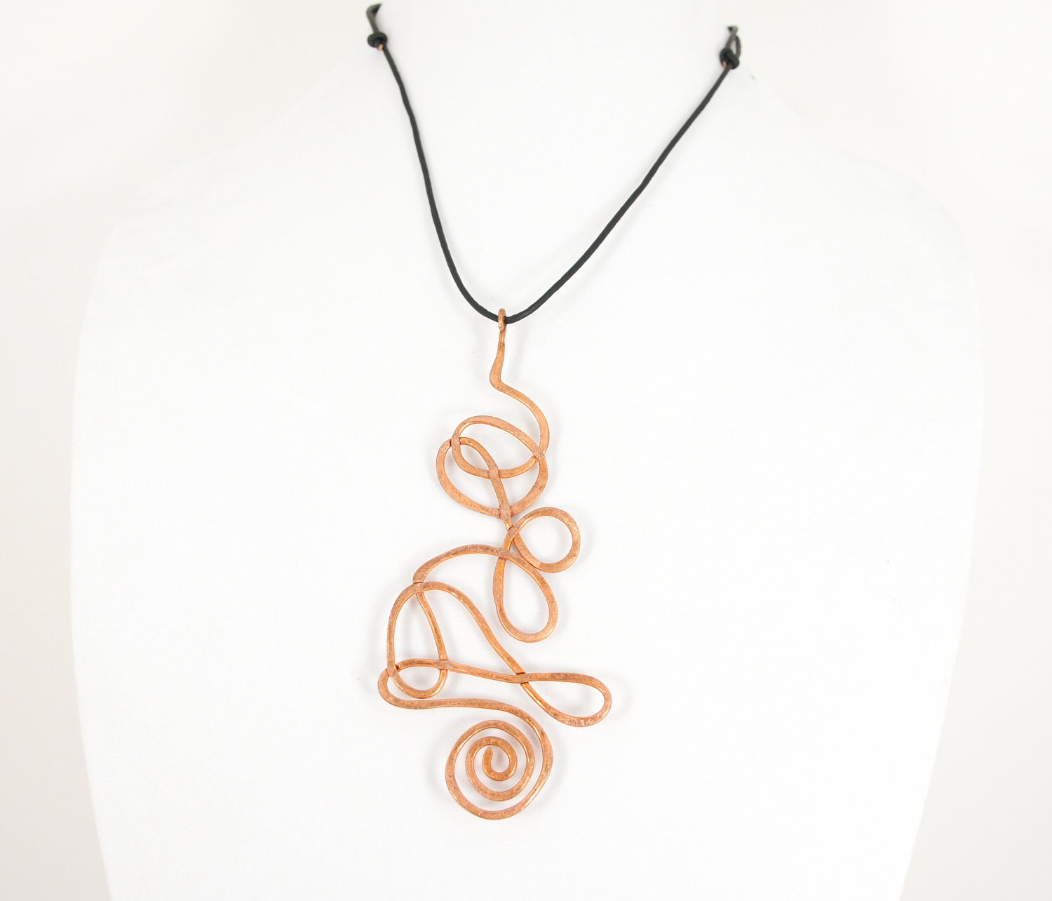 Copper Swirl Necklace, Hand Forged, on Adjustable 2mm Black Leather Cord 1203