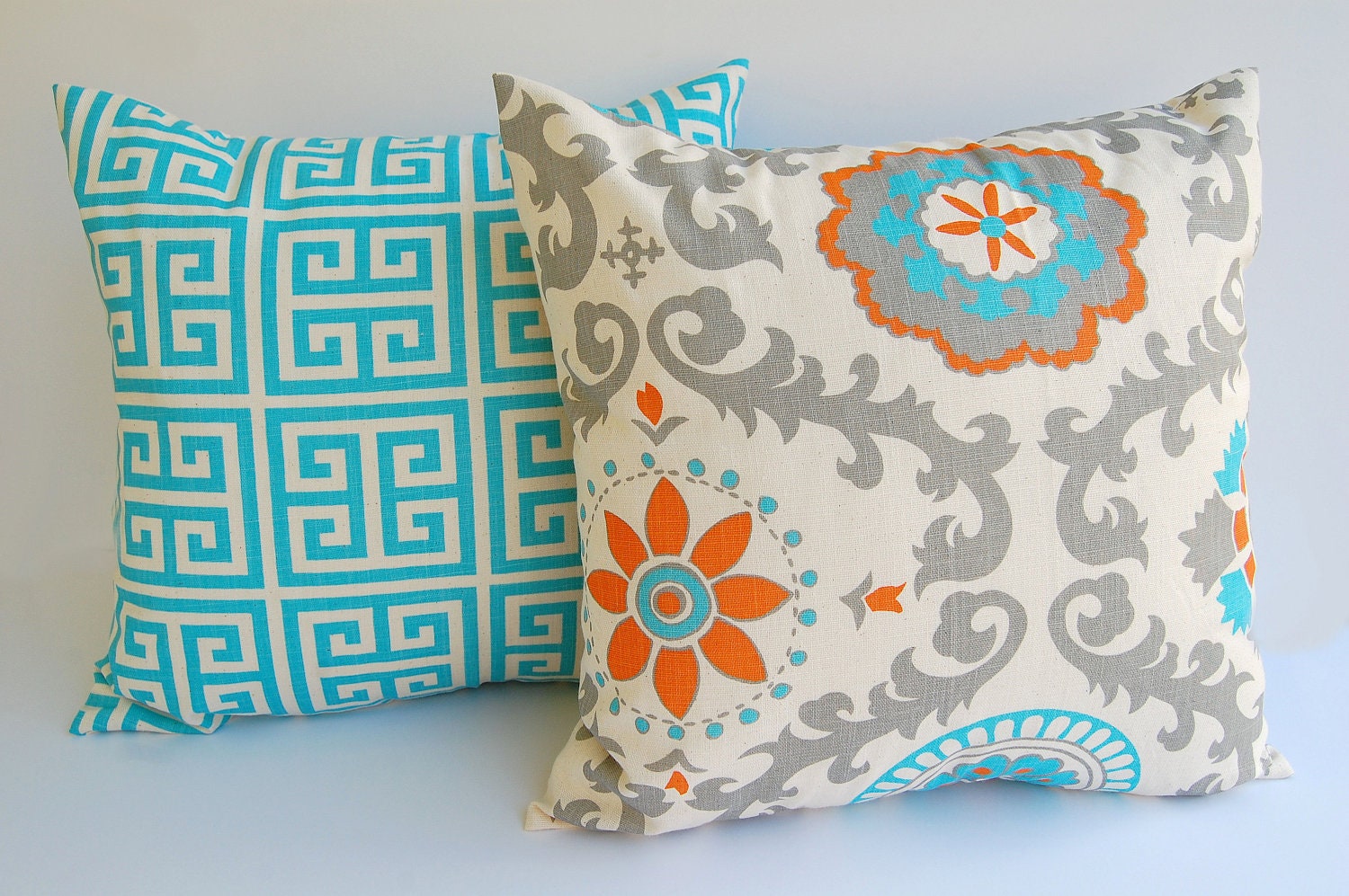 Throw pillow covers set of two 18" x 18" cushion covers Orange Natural Aqua Blue Gray dosset