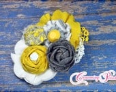 Mustard Yellow, Grey, Gray Fabric Flower Headband, Hair Accessories, Baby Girl Headband, Newborn Hair Bow, Infant, Flower Hair Clip, Brooch