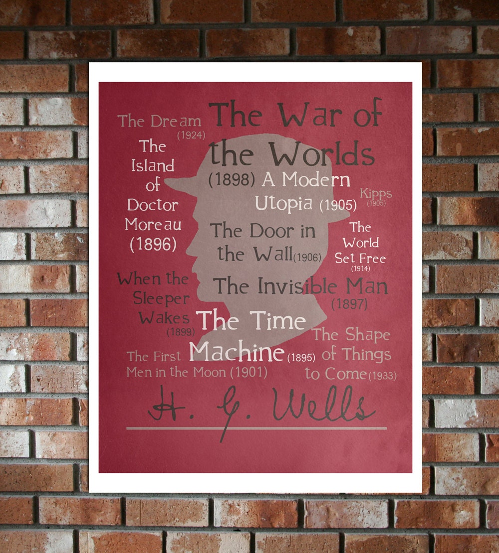 Author Poster, H.G. Wells Silhouette, Gift for Writer, Featured in Red, Literature Poster, Steampunk Decor, Dorm Decor, Typography  8x10