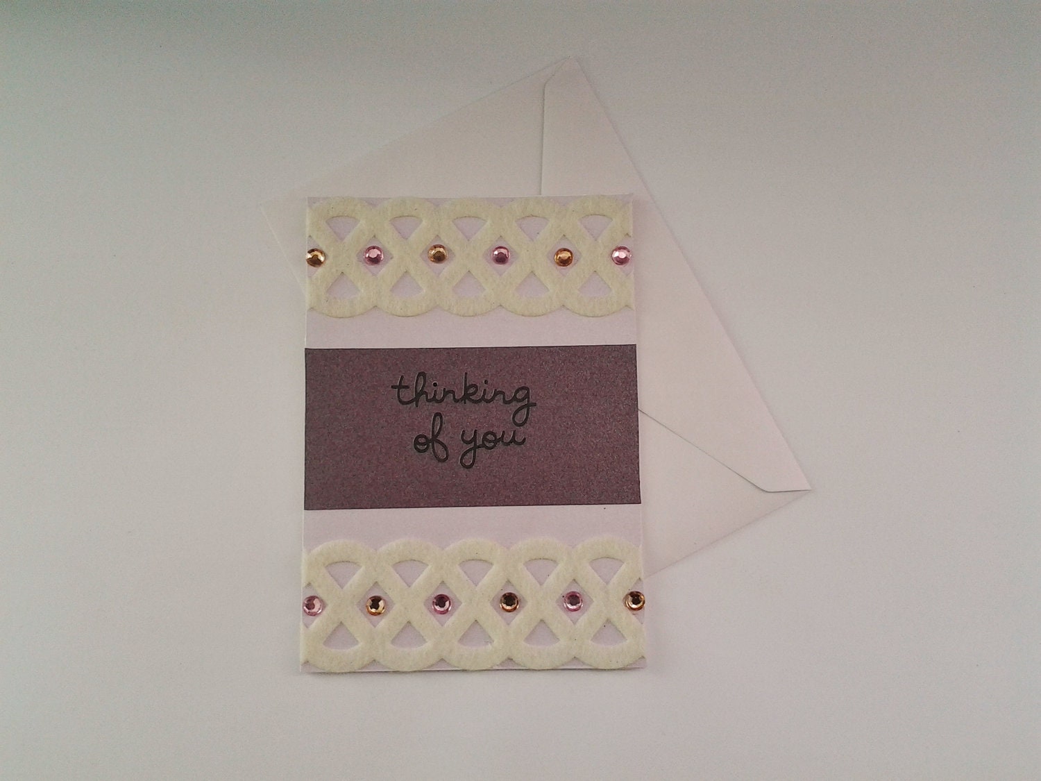 Bejeweled Thinking of You card, with felt cream lace.