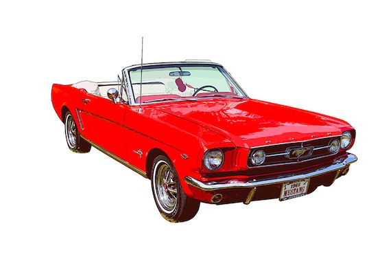 Red 1965 Ford Mustang Convertible Poster Print Digital Illustration Classic Sports Car