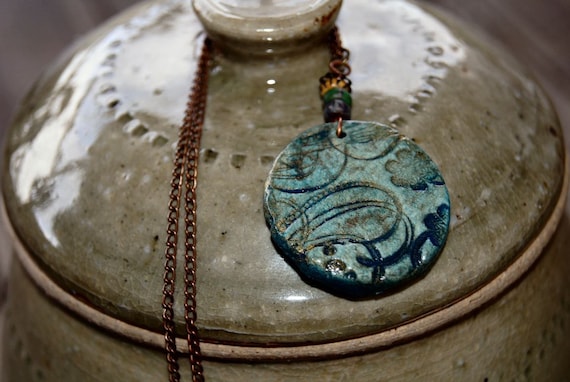 Blue Earthen Clay Pendant with Czech Rocaille Seed Beads
