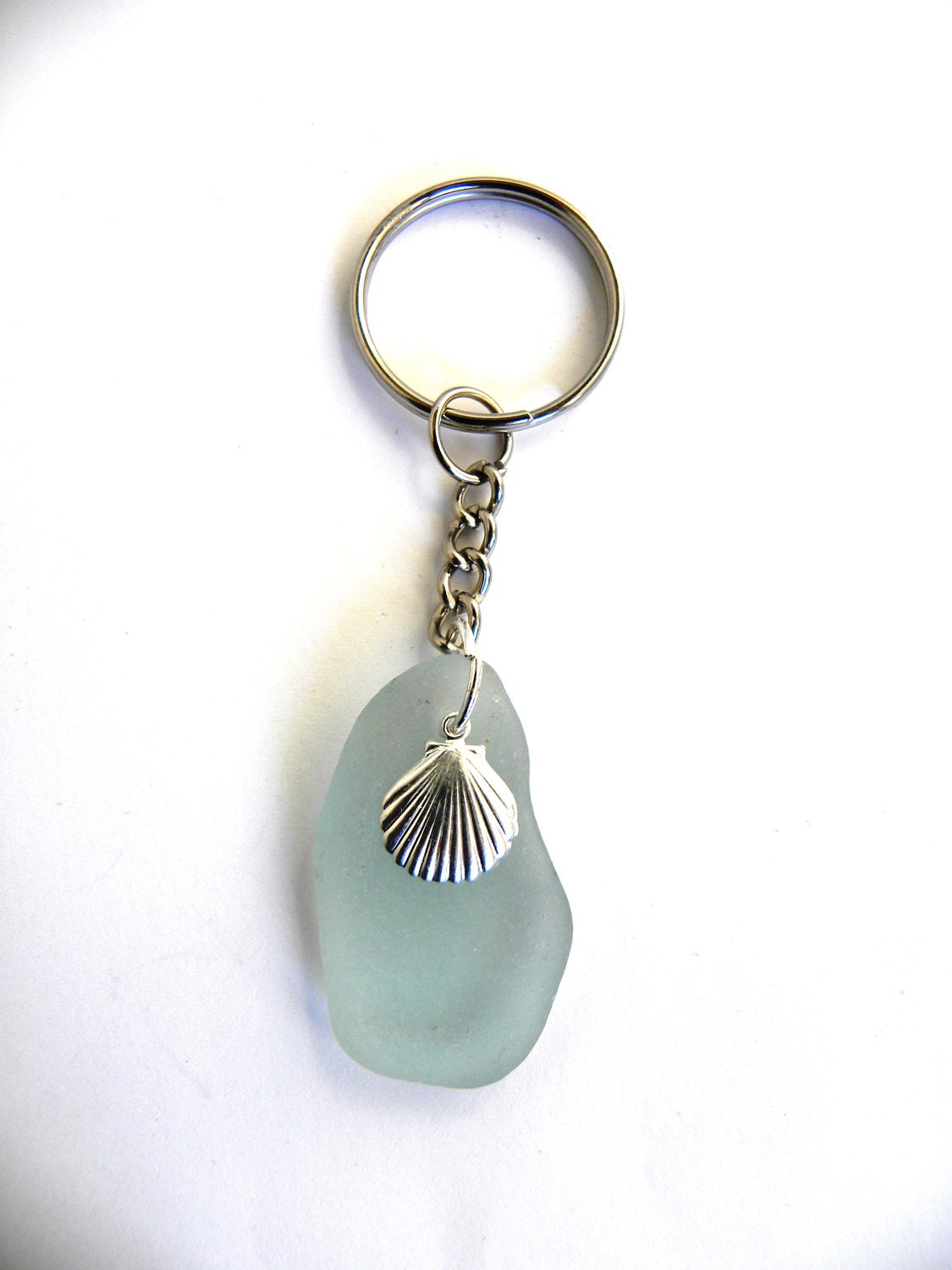 Sea glass key chain - shell, sand dollar, sailboat, starfish or turtle sterling silver charm, choice of colors