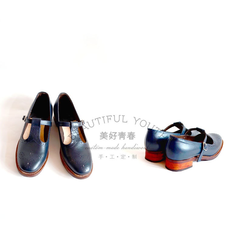 Handstitched Dark Blue Leather Shoes/ Mary Jane/ Brogue