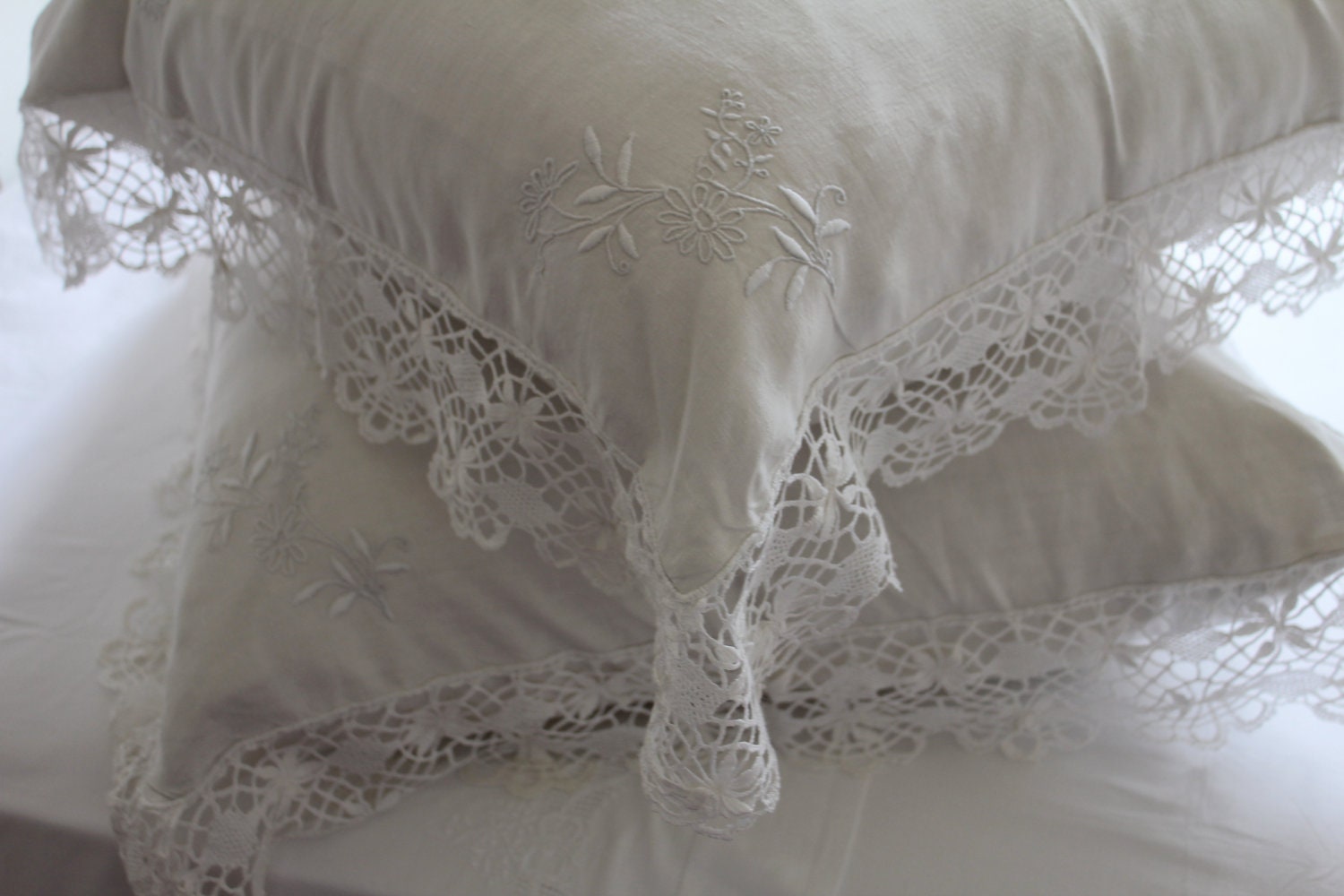 French Vintage Linen Pillow Sham Shabby Chic Crochet Edge Embroidered corners