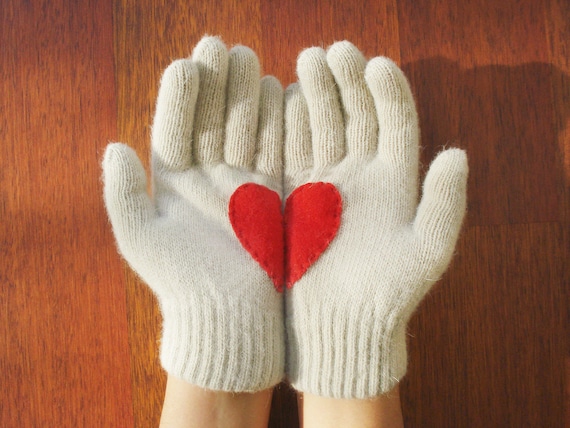 Heart Gloves, Cream Gloves with Red Felt Heart
