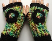 Ooak womens unique designer handmade black crochet/knitted fingerless mittens,gloves,hand arm warmers,green multicolour,crochet flower.