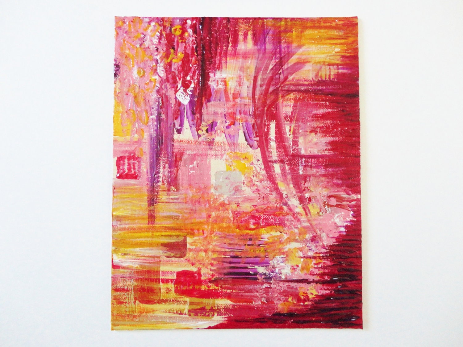 SALE - PASSION in PINK Abstract Acrylic Painting 8 x 10 Free Shipping Lovely Red Pink Magenta Deep Yellow Ochre White Bold Feminine Romantic