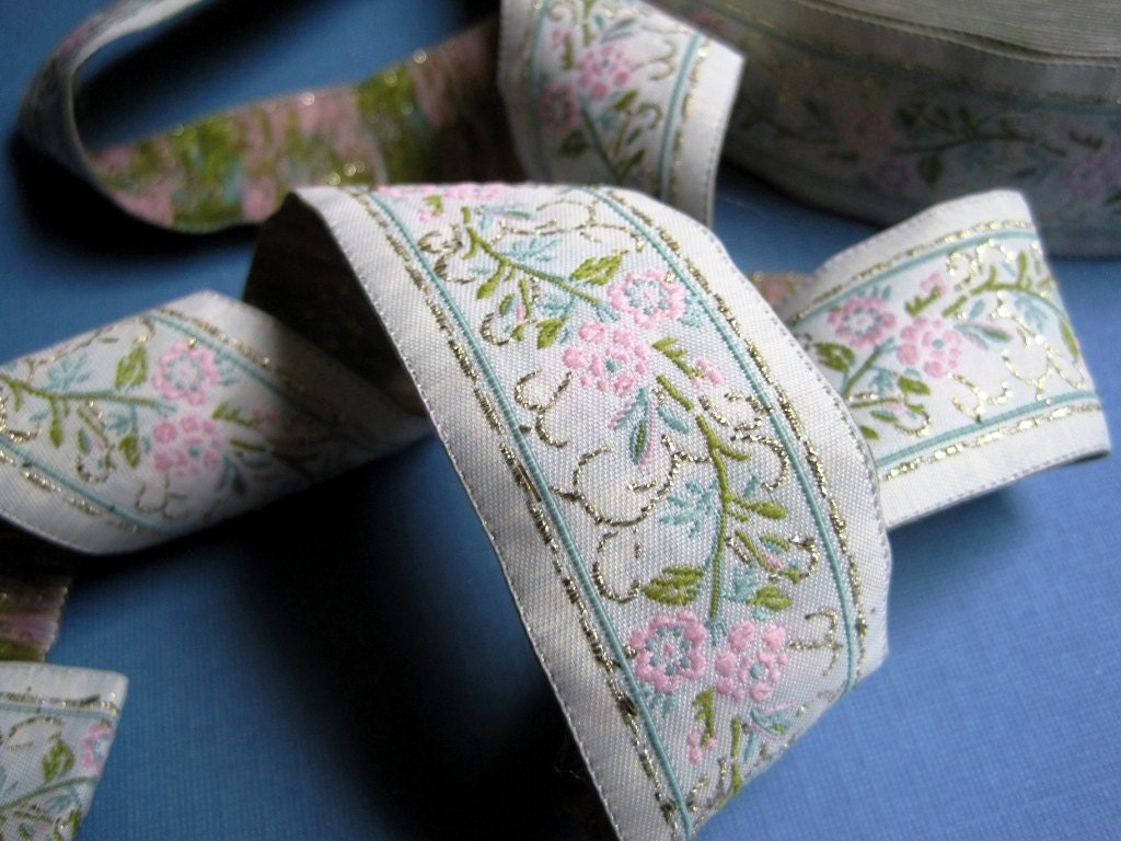 Jacquard Embroidered Ribbon, White / Pink / Gold / Moss / Sage, 1 1/4 inch wide, 1 yard, For Home Decor, Accessories, Apparel