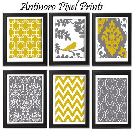 Mustard Yellow Vintage / Modern inspired Art Prints Collection -Set of 6 - 8x11 Prints - Featured in Mustard Yellow / Grey  (UNFRAMED)