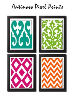 Turquoise / Fuchsia / Orange  / Green Modern inspired Ikat Art Prints Collection -Set of 4 - 8 x 11 Prints -   (UNFRAMED)