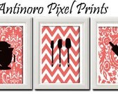 Coral (B2) Kitchen White Utensils Print Vintage / Modern inspired Art  -Set of 3 - 5x7 Prints - Coral White (UNFRAMED)