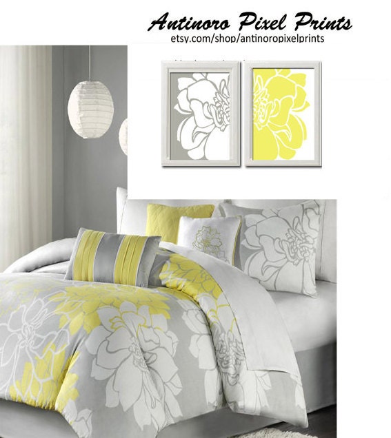 Digital Posters Yellow Grey White Wall Art Vintage / Modern Inspired -Set of 2 - 16x20 Prints -  (UNFRAMED)