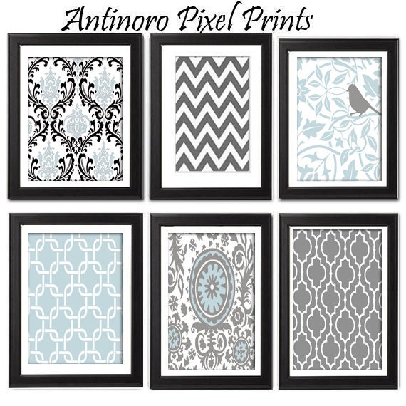 Vintage / Modern Inspired Baby Nursery Prints Collection  - Set of 6 - 16x20 Prints -Baby Blue Grey White   (UNFRAMED)