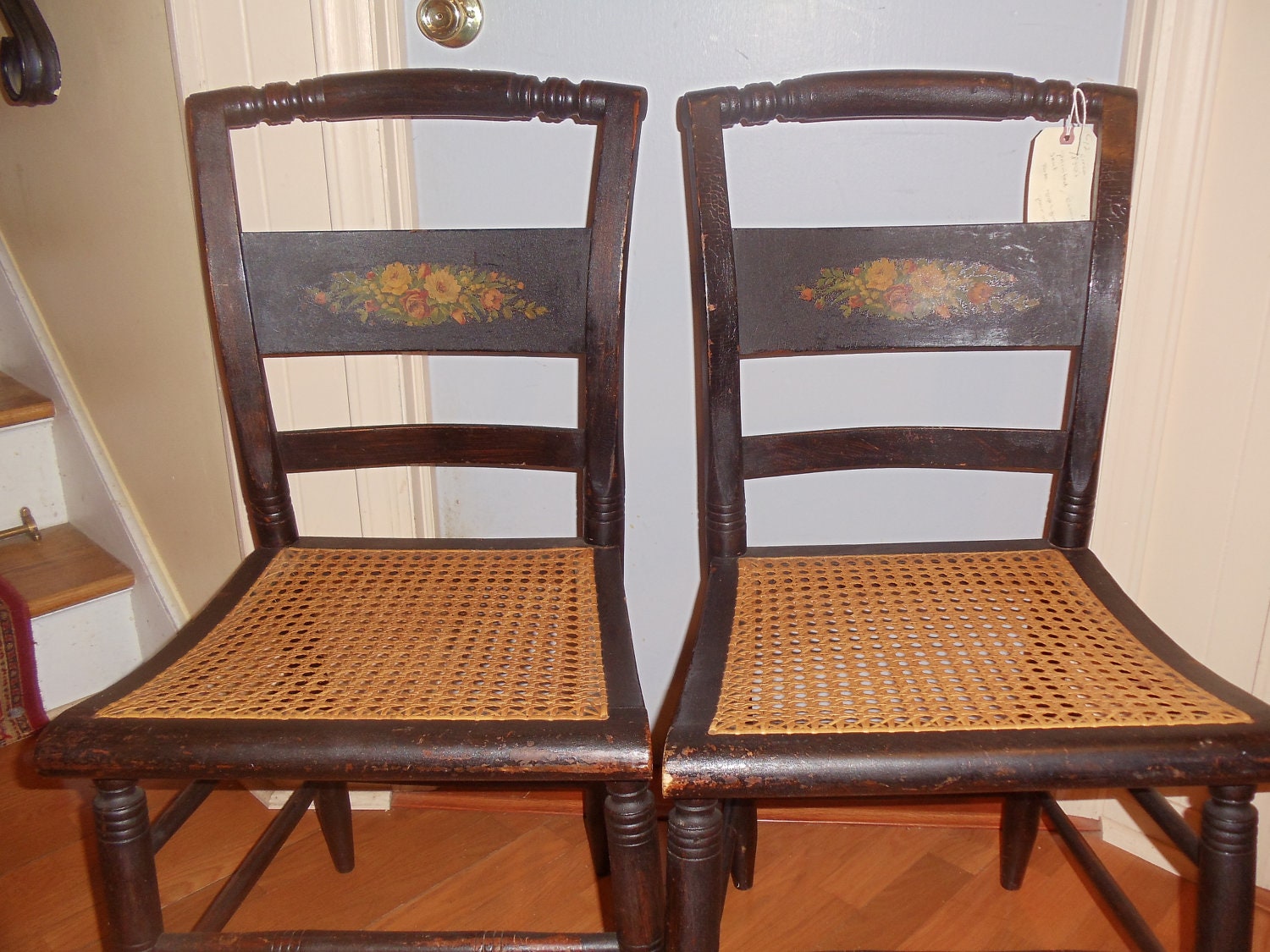 1880 pair of hand turned canned chairs