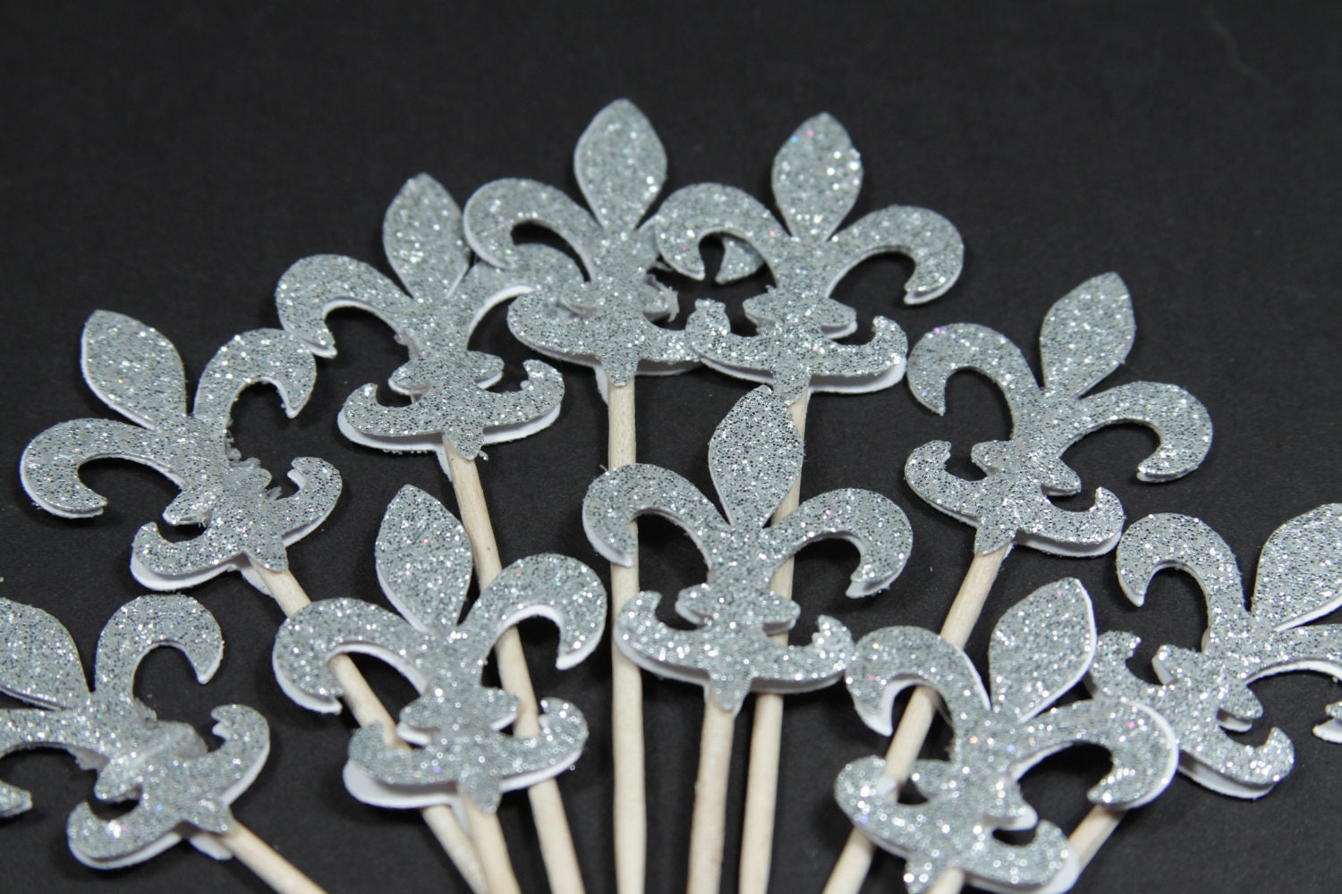 Fleur de Lis Silver Glitter Double Sided (24) Cupcake Toppers/Food Picks/Party Supplies
