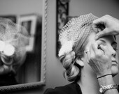 Birdcage veil, ivory or white, dupioni silk flowers