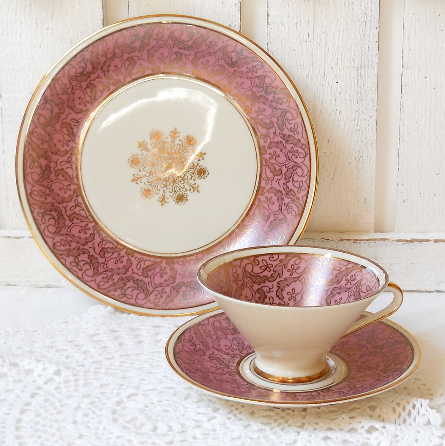 vintage tea cup, tea cup trio set, german porcelain, tea cups, tea trio, german teacup, pink