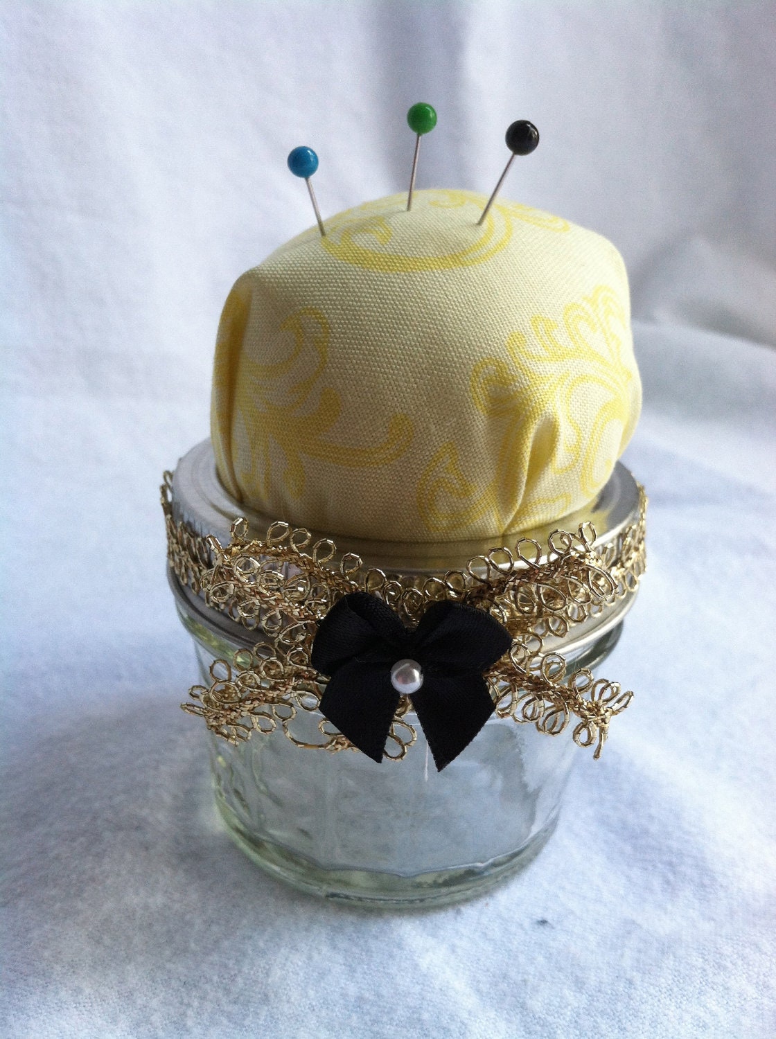 Pin Cushion Jar - Yellow and Gold