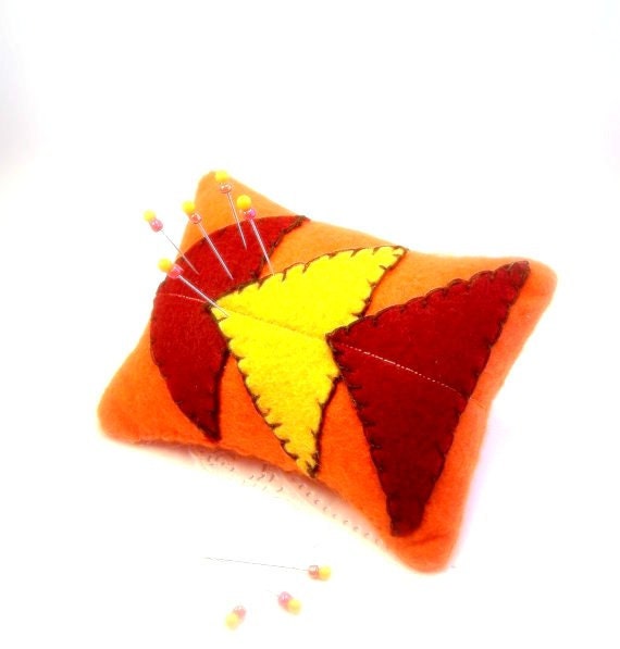 CLEARANCE Needlecraft pincushion autumn felt fall orange deep red yellow triangles geometric sewing room thanksgiving tagt tenx