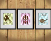 Kitchen Art Print - Chevron, Dining Utensils, Mixer - Set of 3 - 8X10 - Apple Green, Pink, Sky Blue, Brown, Saucepan - No. KB003-1
