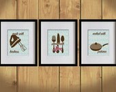 Kitchen Art Print - Sky Blue Damask Prints, Dining Utensils, Mixer - Set of 3 - 8X10 - Brown, Pink, Saucepan, Values Print - No. KB003-7