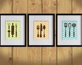 Kitchen Art Print - Chevron, Dining Utensils, Cooking Utensils - Set of 3 - 8X10 - Apple Green, Orange, Sky Blue, Brown- No. KB006-1