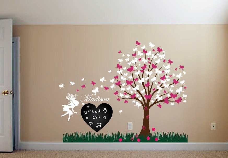 Wall Decal Christmas Girl Room Gift Set with Butterfly Blossom Tree, Fairy, Ladybugs, Heart Chalkboard, Grass and Custom Name Sticker 1176