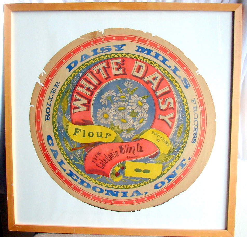 SPRING SALE Framed Antique Flour Barrel Label-Caledonia Mills White Daisy