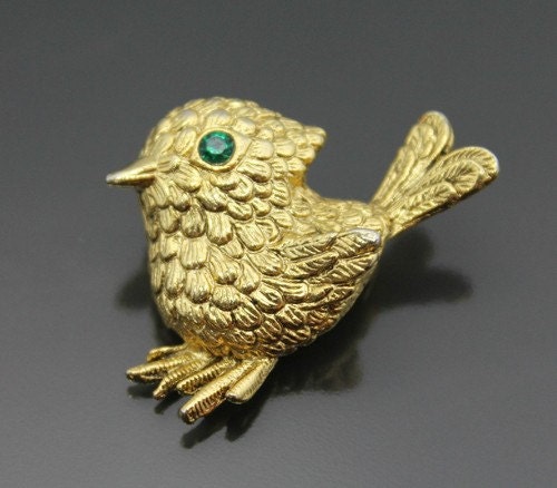 Adorable Mid Century German Gold Brooch Emerald Green Eye
