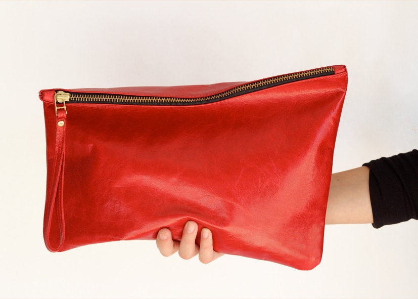 RED HOT - leather clutch, iPad case, large leather purse, foldover clutch