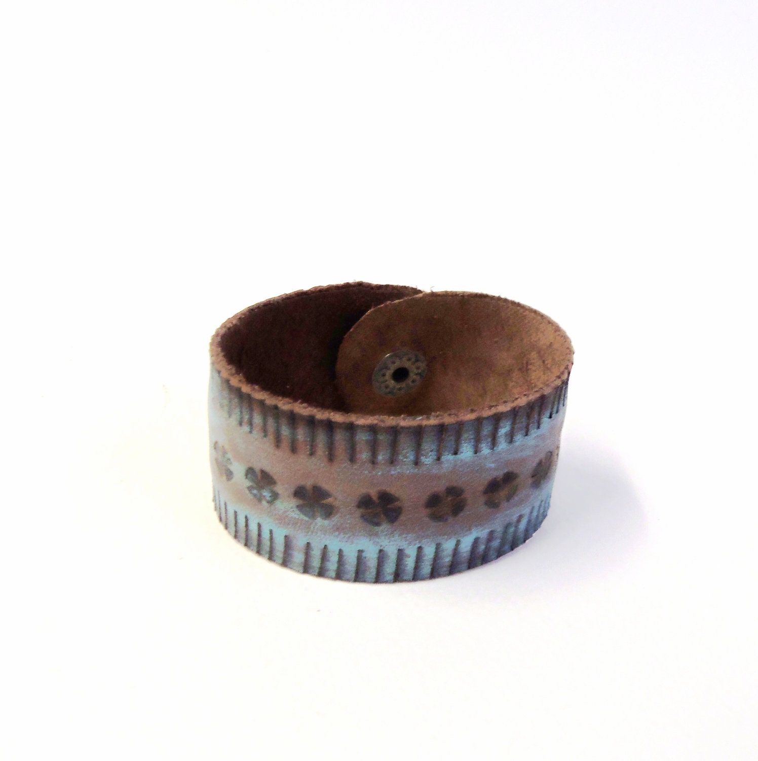 Leather floral bracelet turquoise and brown genuine leather cuff