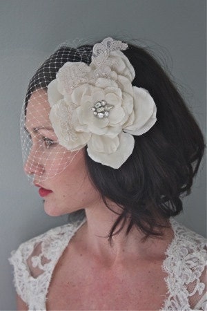 Monique - Handmade silk flower headpiece with one of a kind vintage brooch center