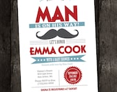 Baby Shower Invitation "Little Man on the Way" Mustache, Aqua Blue, Red, Modern, Vintage, Birthday Party, Boy,  Personalized (DIY Printable)