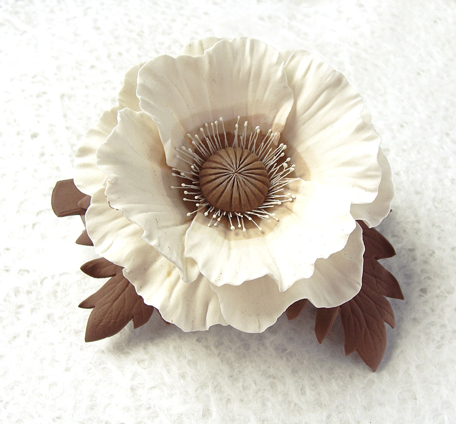 Polymer clay barrette white brown  beige poppy "White poppy". Clay flower jewelry - SilverSeagullArt