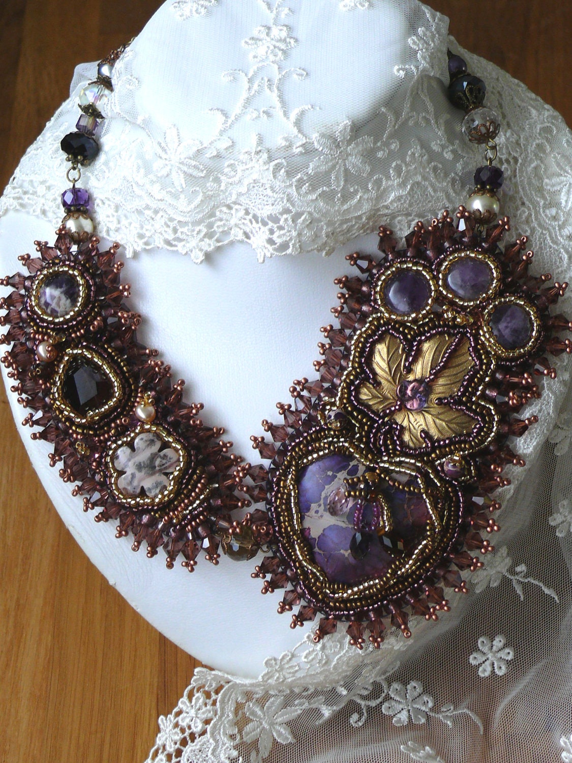 Bead embroidered necklace Marianne with purple variscite amethyst  jasper BEADWORK embroidery Seed Bead Jewelry Mothers day EBW team