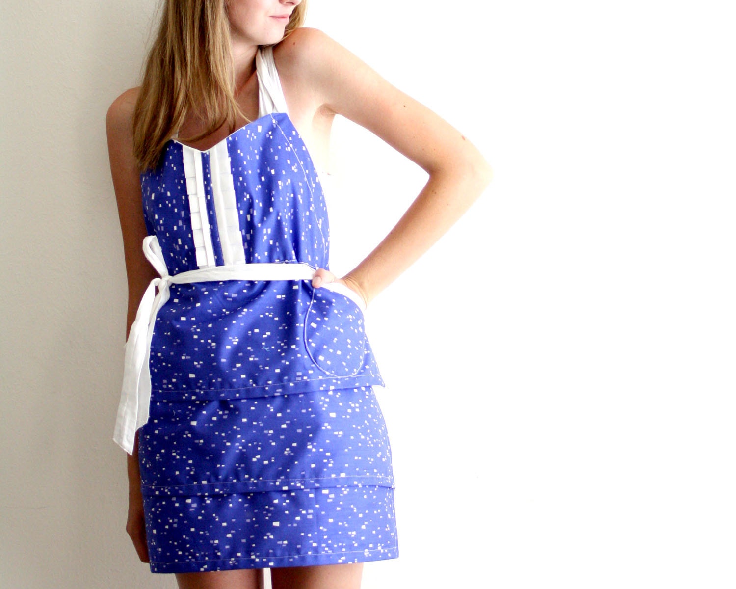 Blue Purple Apron - dark perriwinkle white abstract square pattern retro adjustable cotton hostess apron with ruffles, pockets, tiers