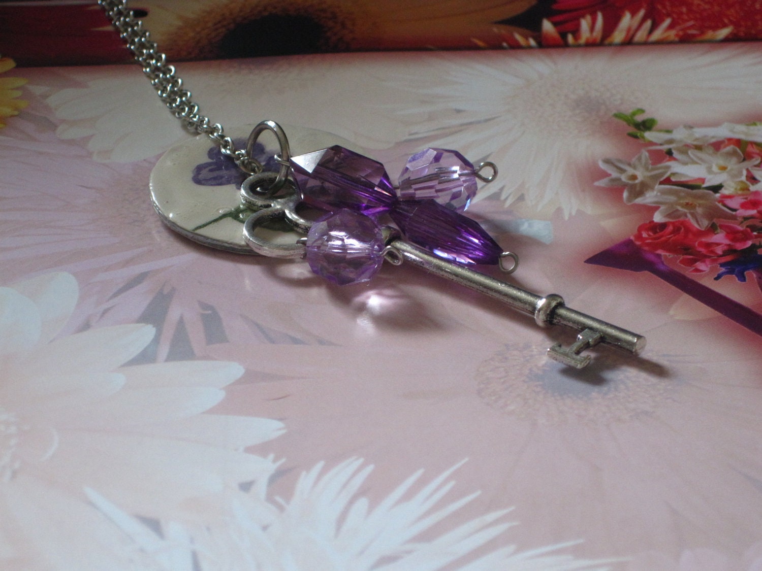 Purple Skeleton Key Necklace Altered Upcycled