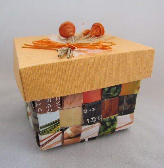 Colorful handwoven paper basket with lid crafted from upcycled paper