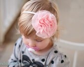 Pink Ruffle Flower Hair Clip or Headband Big Poofy Valentines Day cupcake Baby Hair Accessories gift teen adult bow Newborn Photo Prop - LovelaceLovelies