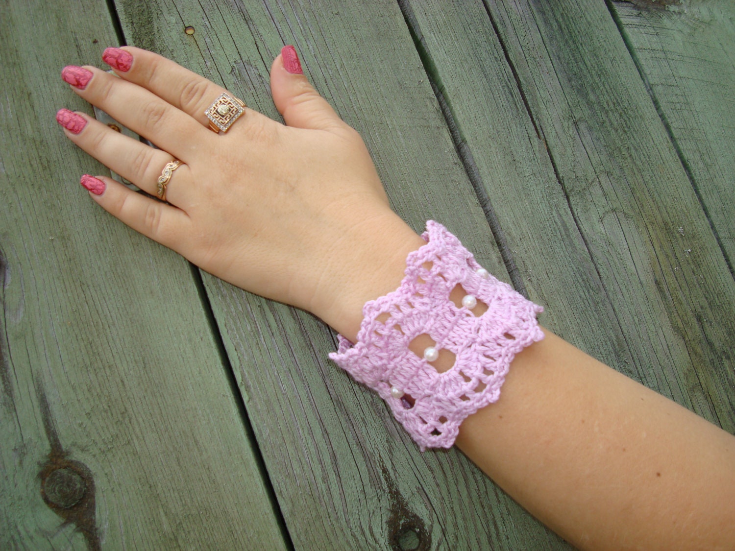 Crochet beaded BRACELET Lace Wrist Cuff  Handmade Jewelry  Lilac