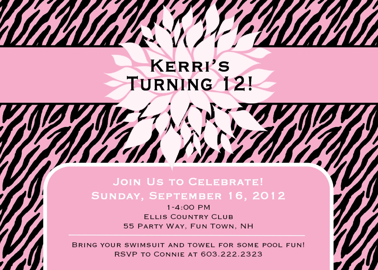Birthday Party Invitation Zebra Print Pink Black Chrysanthemum - Girl Birthday Party Invitation Zebra Teen Tween Printable Elegant Classy