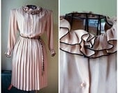 Vintage Cafe Au Lait Ruffle Collar Pleated Day Dress   - 1970s