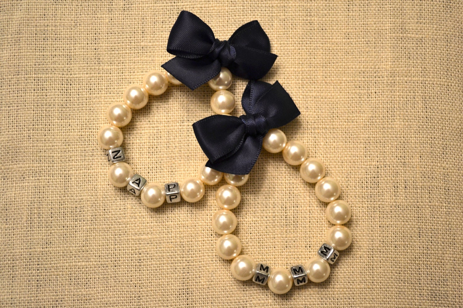 Set of 2: CUSTOM INITIALS or Initial - Adorable Little Girls Name Bracelet - Ivory Pearls, Navy Ribbon