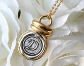 Gold & Antique Silver Necklace,wax Seal Initial,monogram,letter,custom,personalized A B C D E F G H I J K L M N O P R S T U V W X Y Z