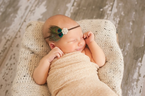 Sweet and Dainty Mini Double Peacock Feather Headband on skinny elastic with crystal pearl detailing