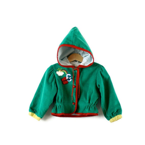 Vintage Jacket Hooded in Green Corduroy  Cutest EVER - udaskids