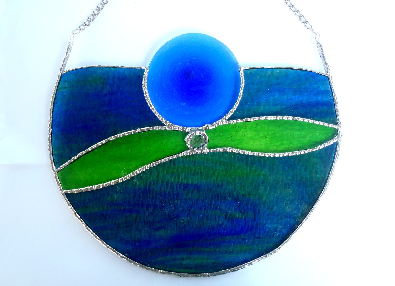 Abstract stained glass semi circle blues and greens OOAK