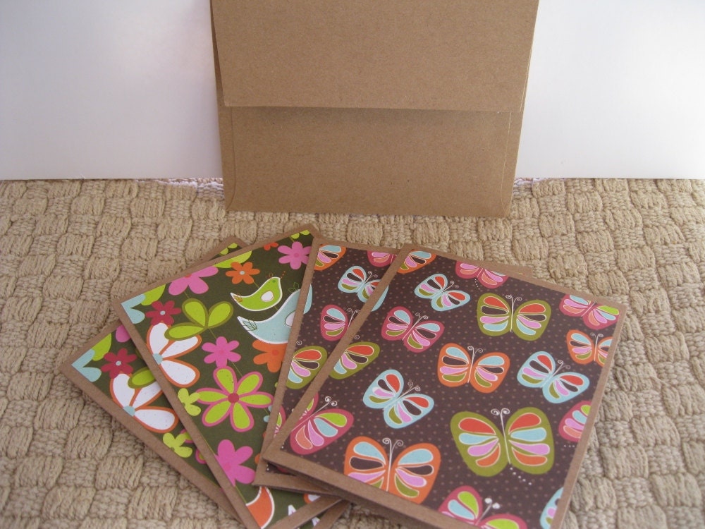 Set of Four/4 Blank Cards, Pink, Green, Orange, Blue, Floral, Birds, Butterflies